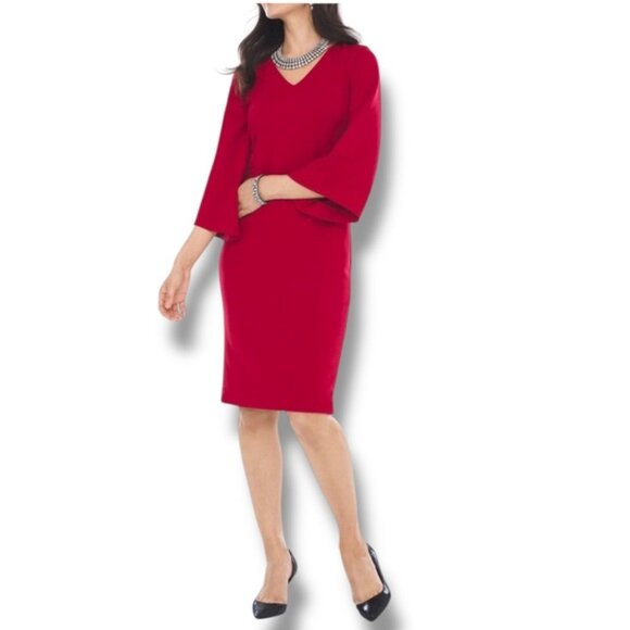 Chico's Sheath Shift Dress Bell Sleeve V Neck Dressy Red Plus 20/22 XXL - Picture 2 of 15
